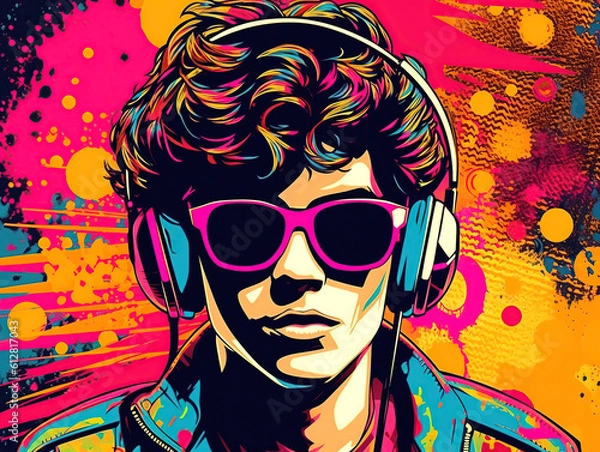 Fototapeta Young man wearing headphones and sunglasses, listening music on a colorful background. Vibrant pop art retro style. Created with generative Ai