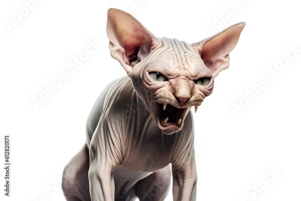 Fototapeta Angry screaming sphynx cat on white background Generative AI