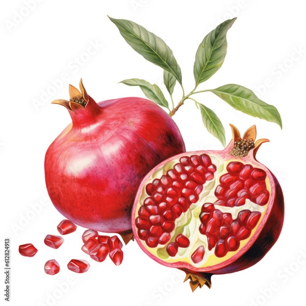 Fototapeta Botanical illustration, pomegranate whole and half in retro style, PNG. Generative AI