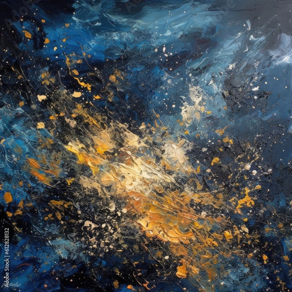 Fototapeta Abstract Blue Gold Background. Abstract Texture made with Oil Paint on Canvas. Abstract Modern Painting. Generative ai illustration