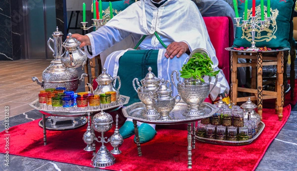 Obraz Moroccan man preparing Maghrebi mint tea