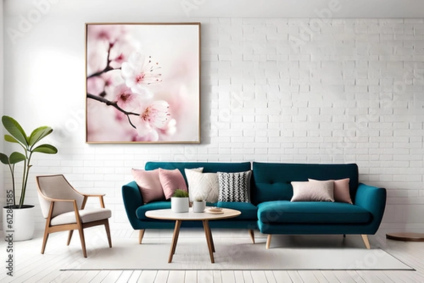 Fototapeta Modern Spring Living Room Interior, Wooden picture frame, Poster mockup, Sofa with linen pale pink striped cushions, Cherry plum blossoms in a vase, Elegant stylish minimal home decor