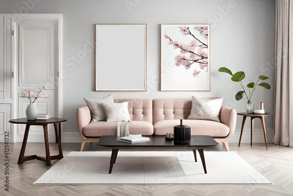 Fototapeta Modern Spring Living Room Interior, Wooden picture frame, Poster mockup, Sofa with linen pale pink striped cushions, Cherry plum blossoms in a vase, Elegant stylish minimal home decor