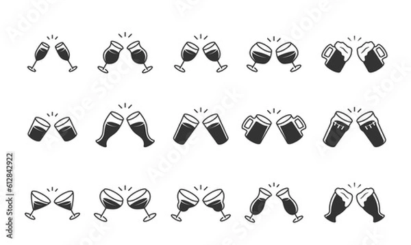 Fototapeta Vector Icon Set of Clinking Glasses. Cocktail, Wine, Beer, Champagne and Other Glasses