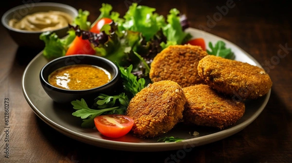 Obraz A plate of crispy baked falafel served with a side of hummus and a fresh salad