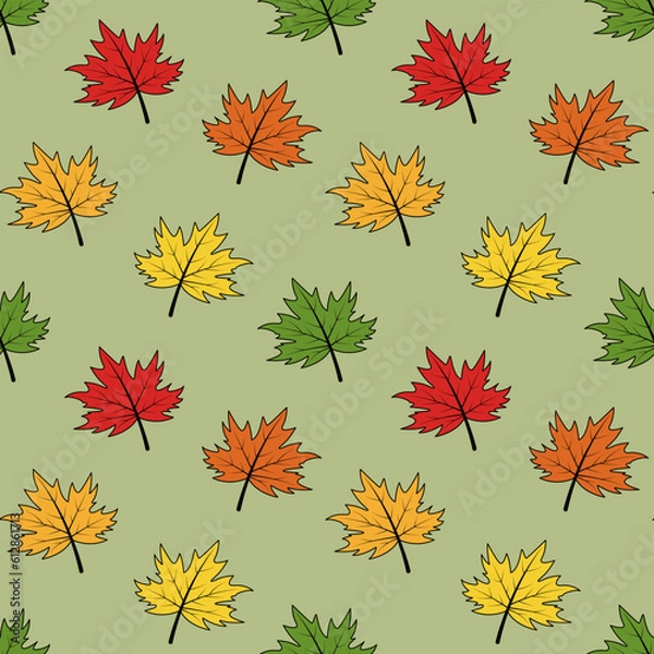 Fototapeta Autumn leaves seamless pattern. Vector illustration. Multicolored leaves on a green background.
