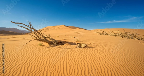 Fototapeta Desert sand - logs, grass and sky. Generative AI illustration