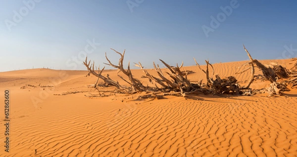 Fototapeta Desert sand - logs, grass and sky. Generative AI illustration