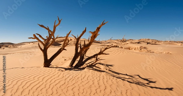 Fototapeta Desert sand - logs, grass and sky. Generative AI illustration