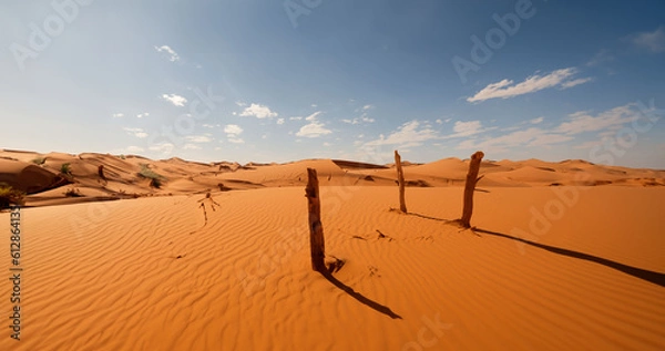 Fototapeta Desert sand - logs, grass and sky. Generative AI illustration