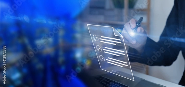 Fototapeta Businessman using pen tick or check mark concept, verification account, paperless workplace, online document management, electronic document, cyber security, contract, satisfaction, virtual screen.