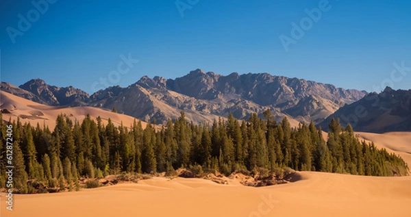 Fototapeta Desert sand - logs, grass and sky. Generative AI illustration