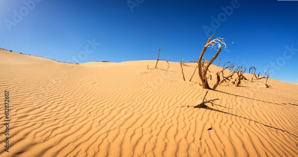 Fototapeta Desert sand - logs, grass and sky. Generative AI illustration