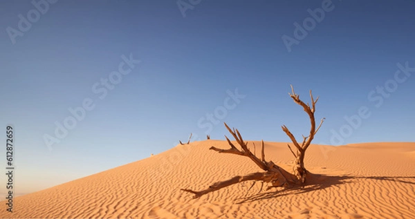 Fototapeta Desert sand - logs, grass and sky. Generative AI illustration