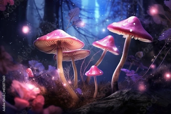 Fototapeta Magic mushrooms in the forest at night, Fantasy magic landscape.Generative Ai