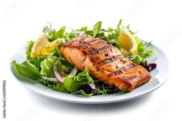 Fototapeta Plate of Grilled Chicken with Salad Isolated on a White Background. Generative AI