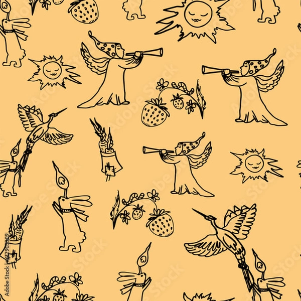 Fototapeta Pattern consisting of black and white hand-drawn elements. Silhouettes of a hare, an angel, a crane intertwined into a pattern for your print. design for weaving factory, wallpaper print, web.