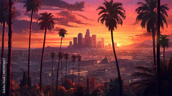 Fototapeta Beautiful scenic downtown Los Angeles on golden sky sunny day. Generative ai