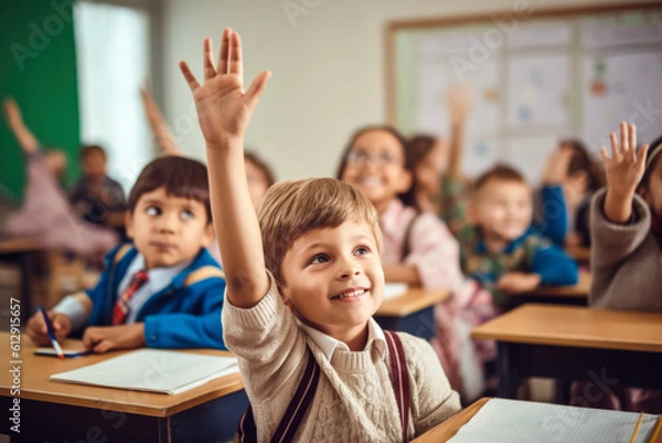 Fototapeta Small boy kid in school classroom raising hand up to answer teacher. Generative AI