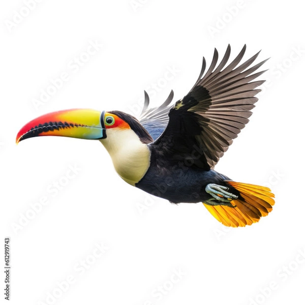 Obraz a Toco Toucan in flight, in various positions, rainforest clown, Wildlife-themed, photorealistic illustrations in a PNG, cutout, and isolated. Generative AI