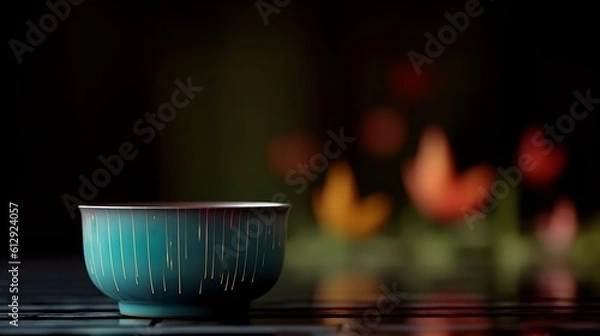 Obraz A blue fancy ceramic bowl at the table indoor. Generative AI technology.