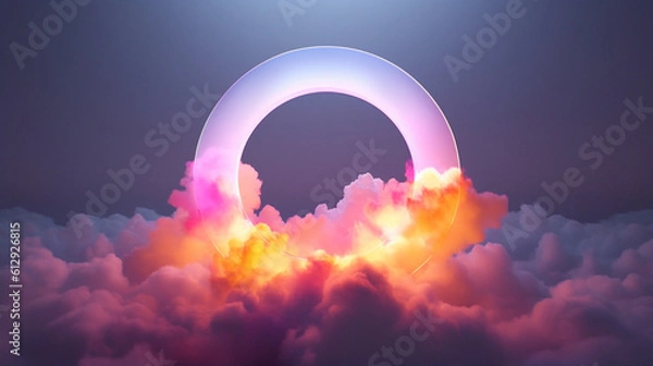 Fototapeta Ethereal Horizon: Vibrant Neon Circle amidst Pink and Blue Cloudscape, Generative AI