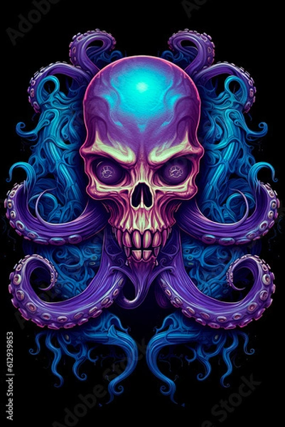 Obraz A blue violet skull with an octopus sticking. Generative AI 