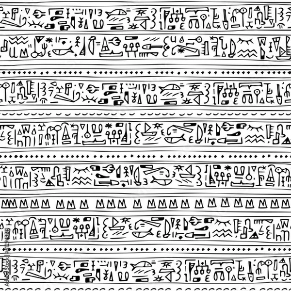 Obraz Egyptian lettering hand drawn mystery hieroglyphs childish seamless pattern vector illustration on white background