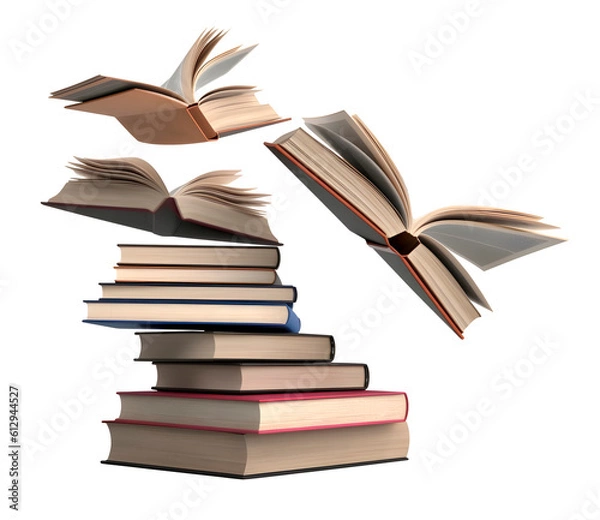 Obraz Open book with flying books white background, flying knowledge concept, realistic 3D illustration, generative ai