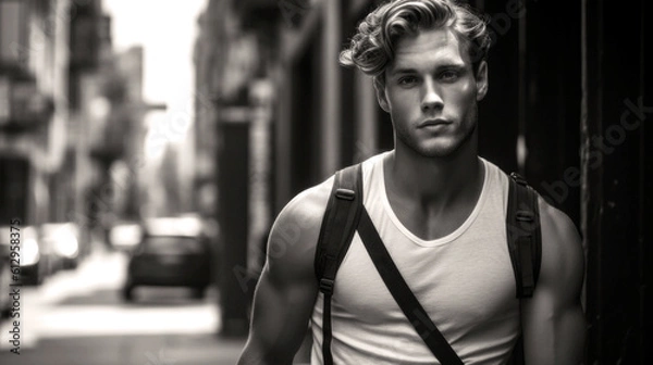 Fototapeta In monochrome, a young model male attractive exudes cool, his hipster vibe harmonizing with New York's pulsating rhythm. Generative AI