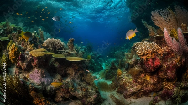 Obraz Dive into the mesmerizing depths of the ocean with this extraordinary underwater photograph. Behold the vibrant coral garden, a captivating display of intricate shapes and brilliant colors.
