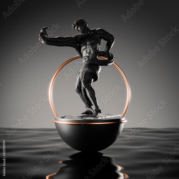 Fototapeta black statue of man holding snake in hand and background 3d render image
