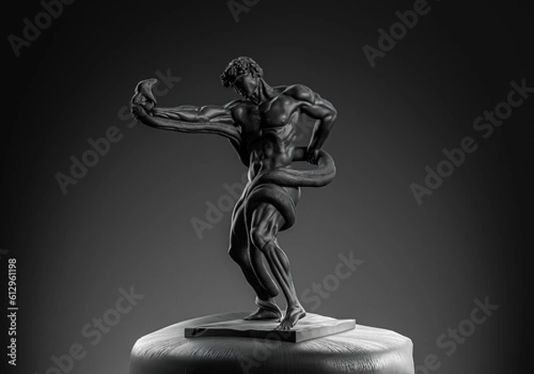 Fototapeta black statue of man holding snake in hand and background 3d render image