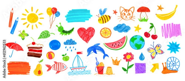 Fototapeta Illustration set of summer isolated child drawings