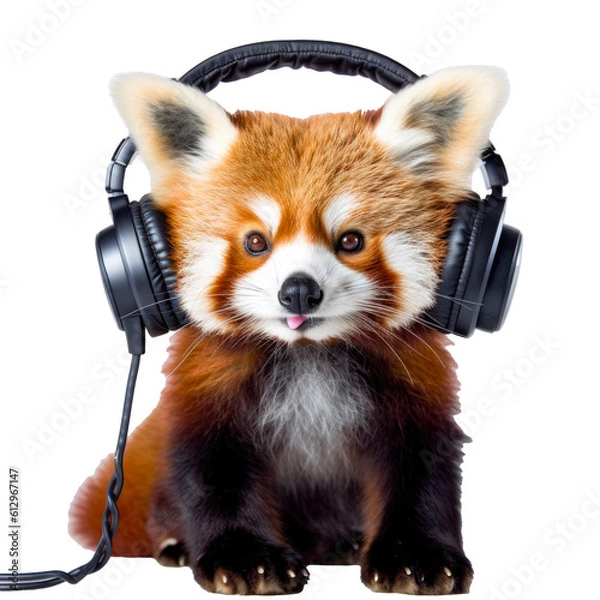 Obraz Funky red panda wearing headphones on a transparant background, cut out clipart for print and presentation