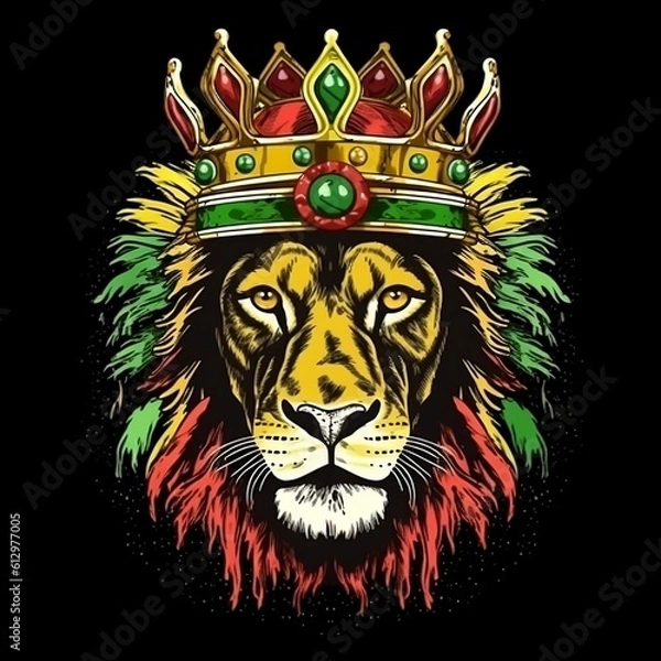Fototapeta Lion with the colors of reggae, Lion with crown, Lion king, lion king, colorful lion