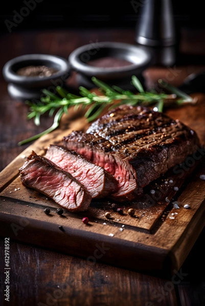 Obraz Traditional American barbecue bavette steak with salt and pepper served as close-up front view on a wooden design board, Generative AI.