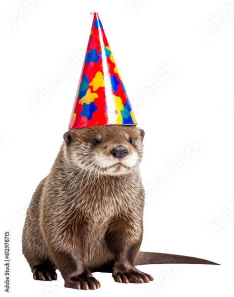 Obraz Grumpy otter with party hat isolated on a transparant background, clipart for printing and presentations