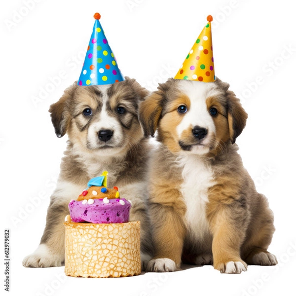 Obraz Puppy dogs with party hats sitting behind a birthday cake isolated on a transparant background, clipart for printing and presentations