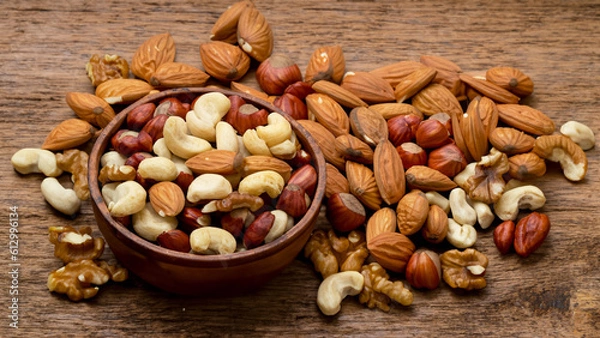 Fototapeta mix of nuts on a wooden table - generative ai