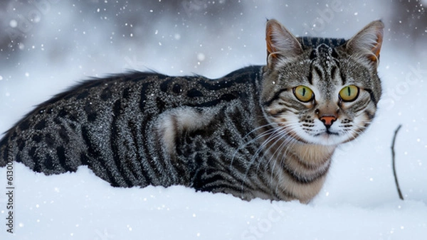 Fototapeta Cat in the snow - generative ai