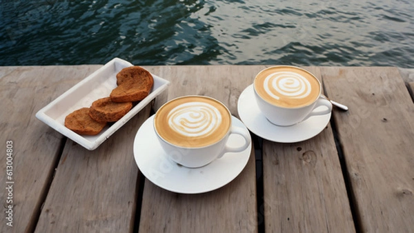 Fototapeta coffee on the pier - generative ai