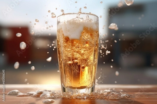 Fototapeta A glass of beer splashes on the table. Generative AI