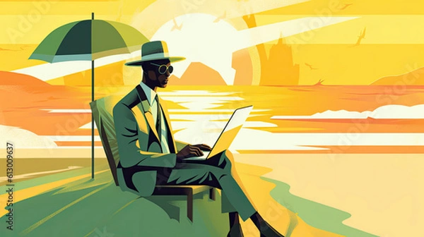 Obraz Illustration of a business person spending time on the beach, Generative AI