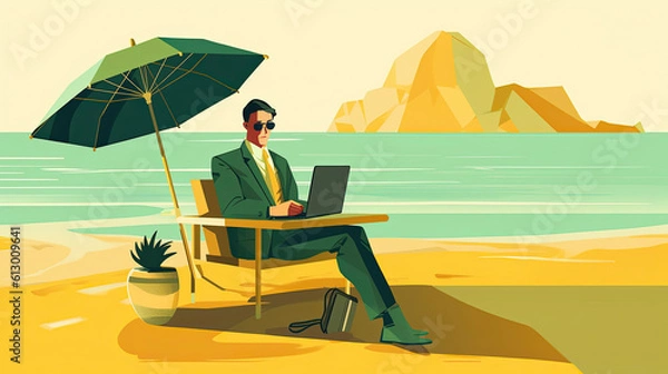 Obraz Illustration of a business person spending time on the beach, Generative AI
