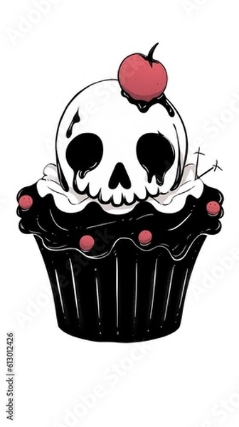 Obraz Halloween, horror cupcake with a skull and a cherry on top (Generative AI)