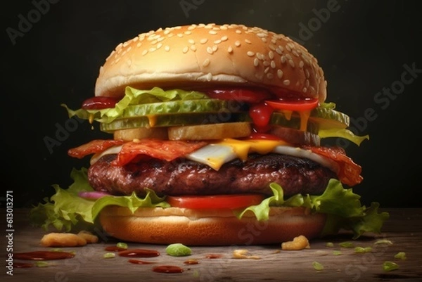 Fototapeta Tasty large Cheeseburger, with lettuce, tomatoes, cheese, pickle, radish and sauce, served in a seeded bun. Closely photographed. Generated Ai