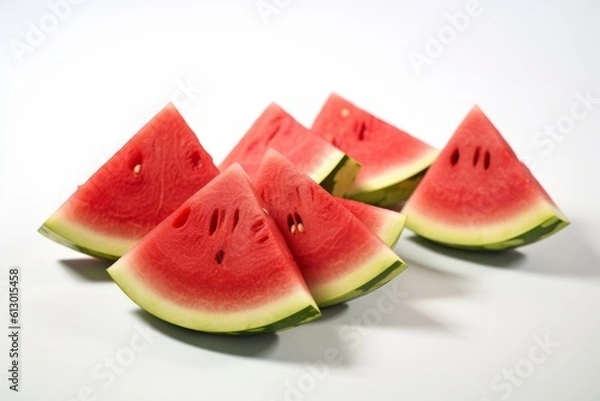 Fototapeta Triangular cuts of fresh Watermelon bunched together on a white background and closely photographed. Generated Ai