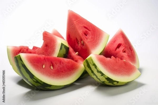 Fototapeta Triangular cuts of fresh Watermelon bunched together on a white background and closely photographed. Generated Ai