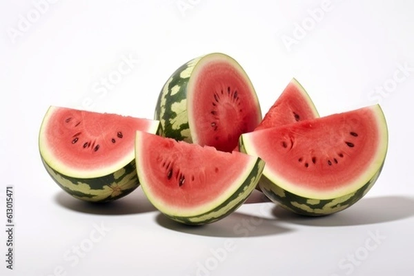 Fototapeta Triangular cuts of fresh Watermelon bunched together on a white background and closely photographed. Generated Ai